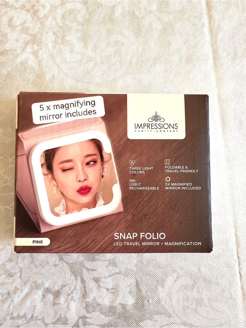 Impressions Snap Folio LED Travel Mirror in Light Pink